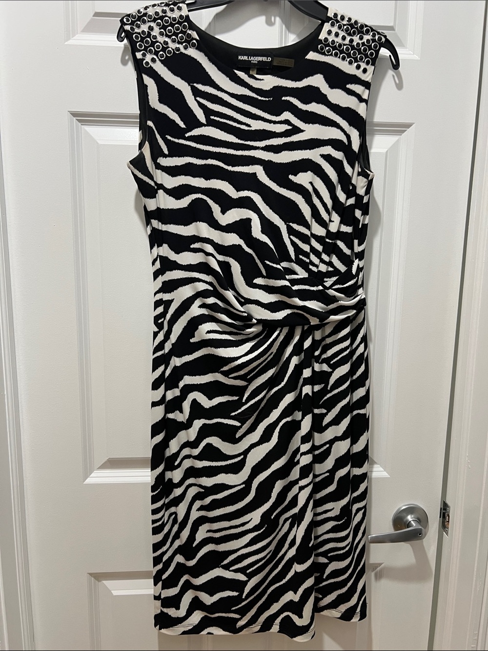 Karl Lagerfeld Black & White Zebra-Print Midi Dress with Eyelet Shoulder Detail